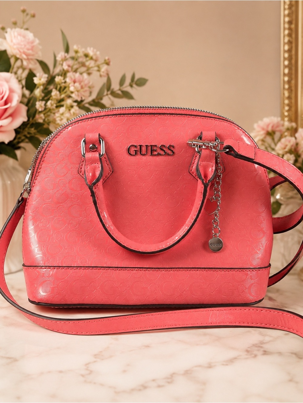 GUESS Coral-Red Dome Satchel with Chain Charm-NWOT